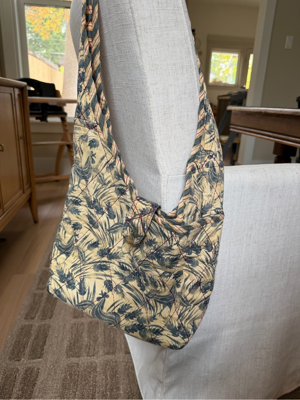 Quilted Wheat and Rooster Print Shoulder Bag with Stripe Interior